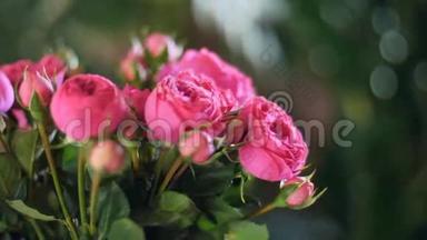 特写，花束在光线的照射下，旋转，花的组成由粉色玫瑰的π形组成